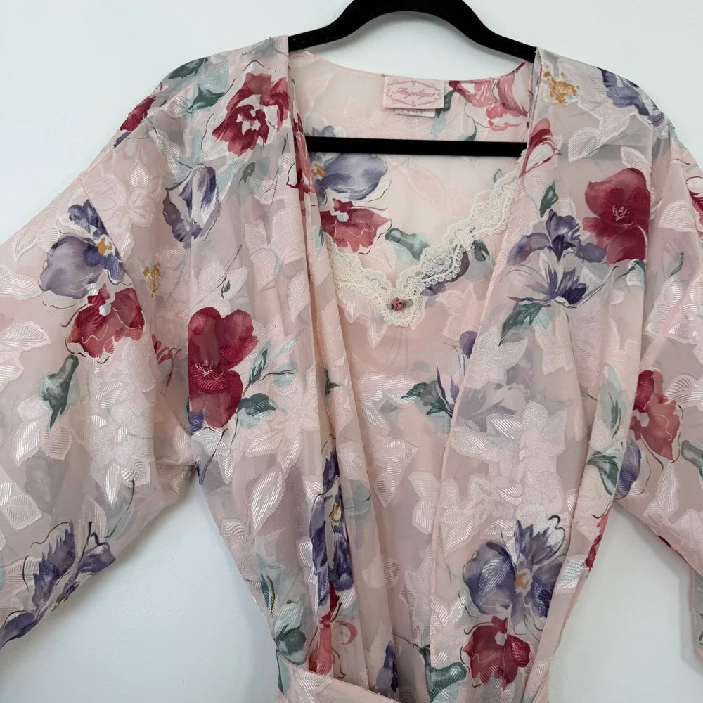 Angelique Vintage Floral‎ Robe & Slip Set Pink Jacquard Lace Trim Large made USA